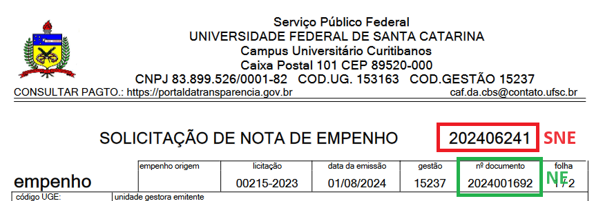 Onde localizar os números da Nota de empenho (NE) e da SNE